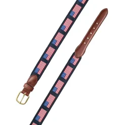 American Flags on Navy Motif Leather Tab Belt