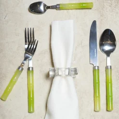 Bamboo Handle 5-Piece Stainless Steel Picnicware Set in Green