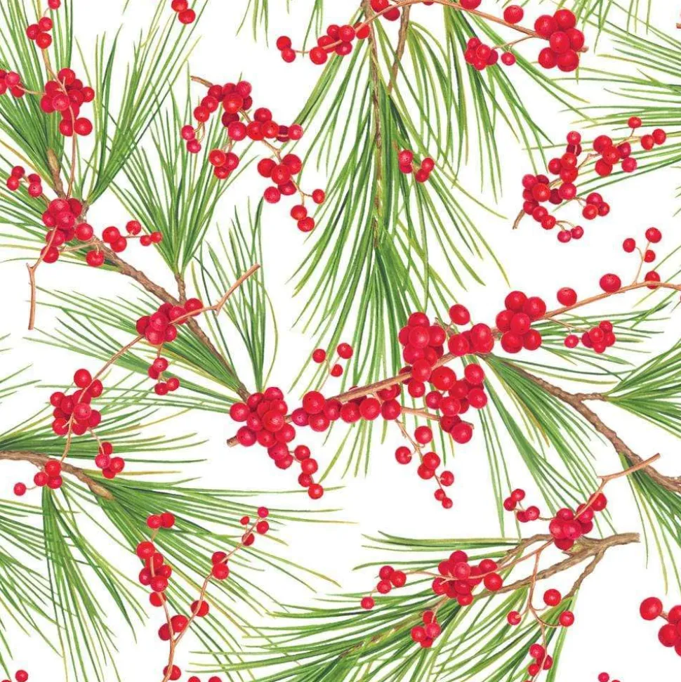 Berries and Pine Gift Wrapping Paper in White - 30" x 8' Roll