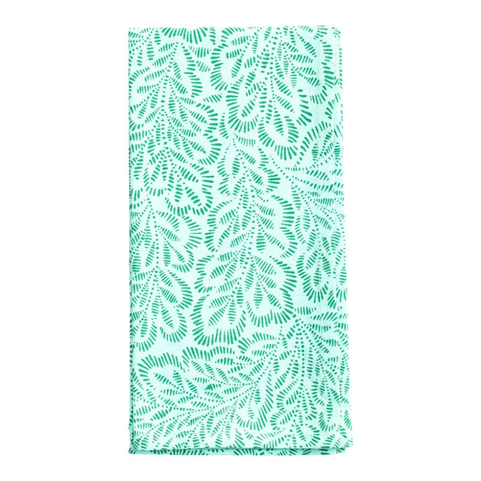 Block Print Leaves Cotton Dinner Napkins in Turquoise & Green - Set of 4, Three Sets