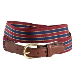 Brick, Navy & Gold Grosgrain Belt with Brown Leather