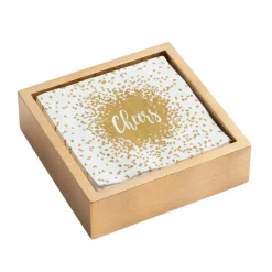 Cheers Cocktail Napkins & Gold Lacquer Holder Gift Set