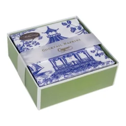 Chinoiserie Toile Pagoda Boxed Cocktail Napkins in Blue - 40 Per Box