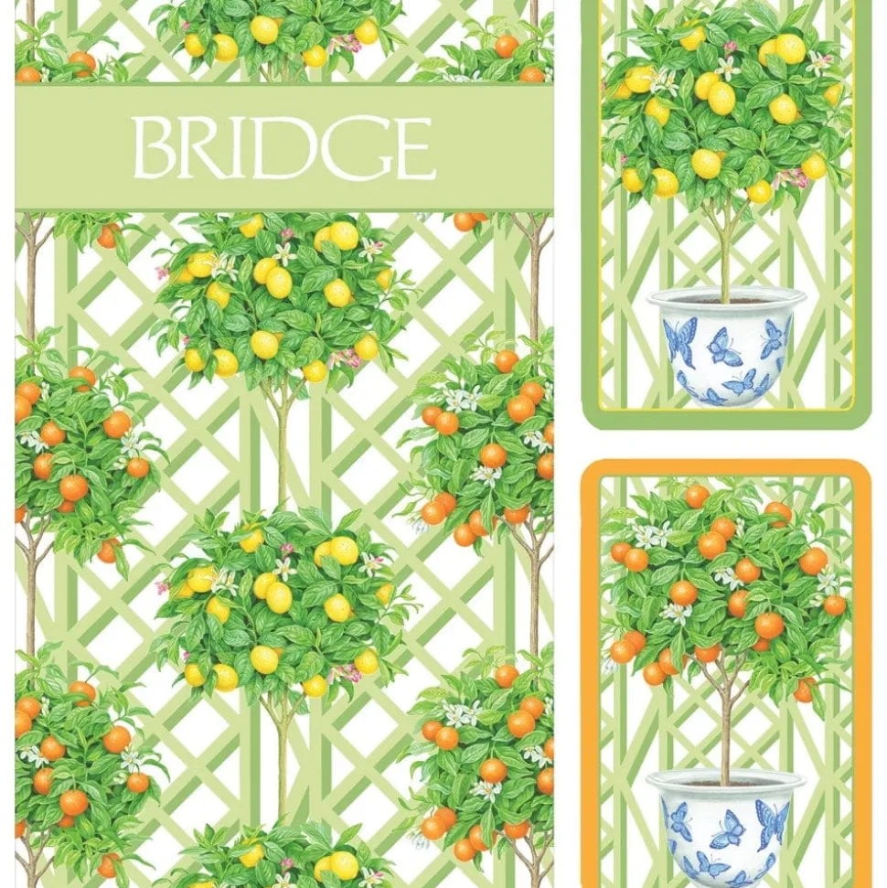 Citrus Topiaries Large Type Bridge Gift Set - 2 Playing Card Decks & 2 Score Pads