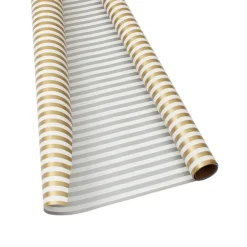 Club Stripe Reversible Gift Wrapping Paper in Gold & Silver - 30" x 8' Roll