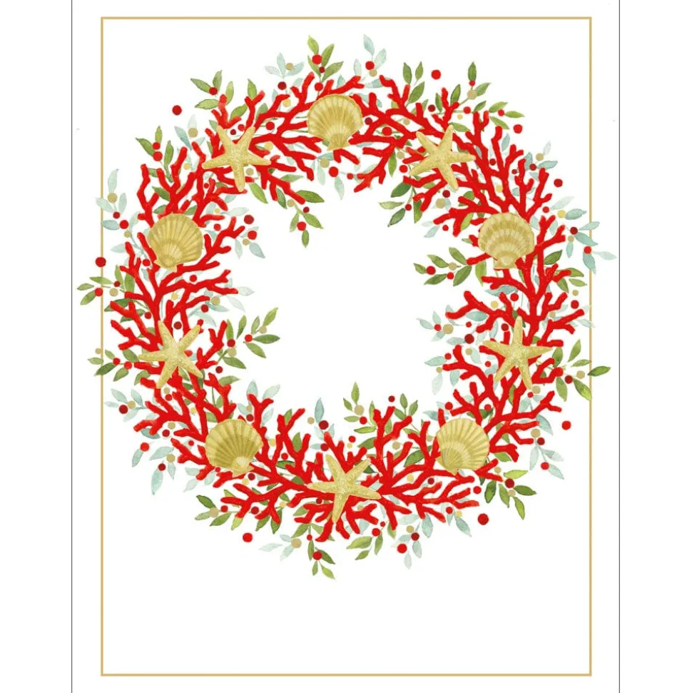 Coral And Shell Wreath Foil Classic Embossed Boxed Christmas Cards - includes 10 cards & envelopes