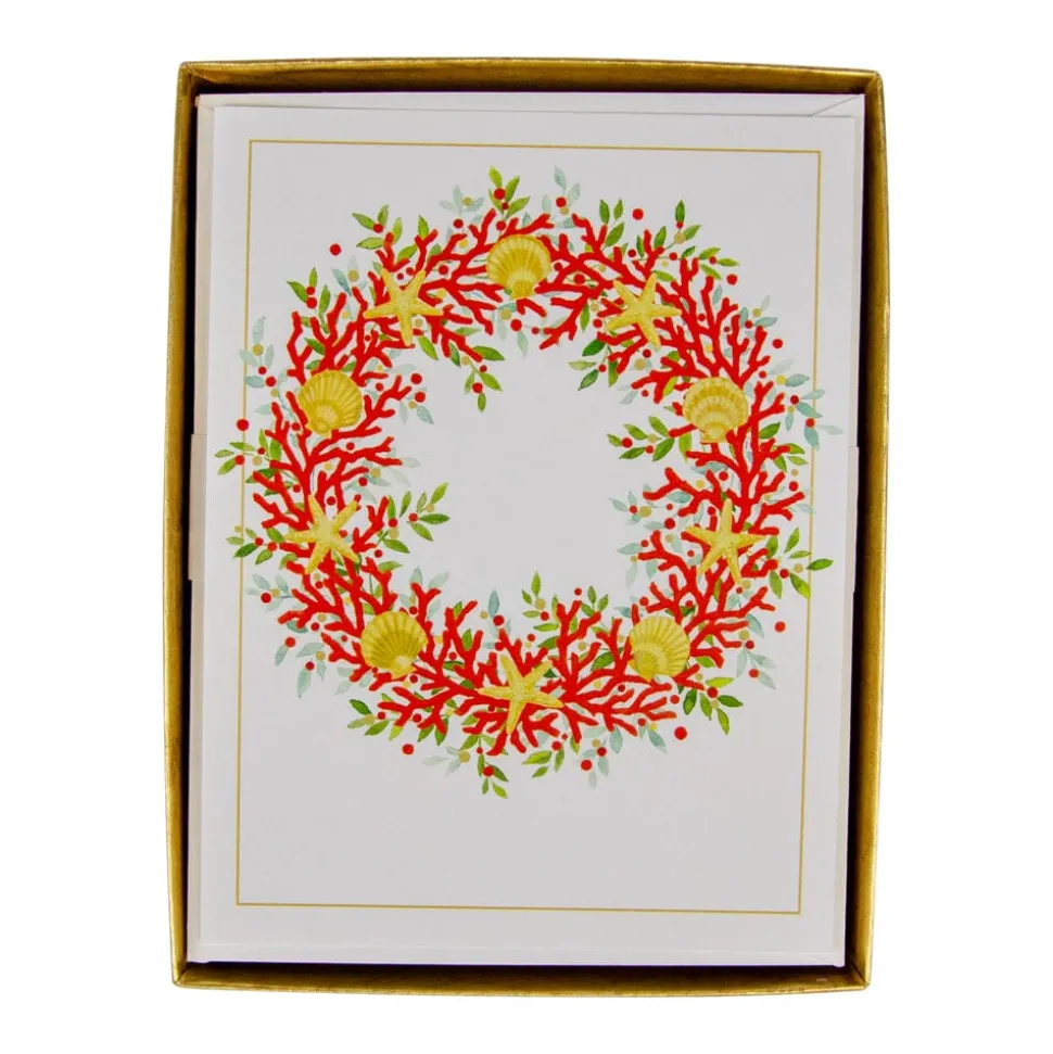 Coral And Shell Wreath Foil Classic Embossed Boxed Christmas Cards - includes 10 cards & envelopes