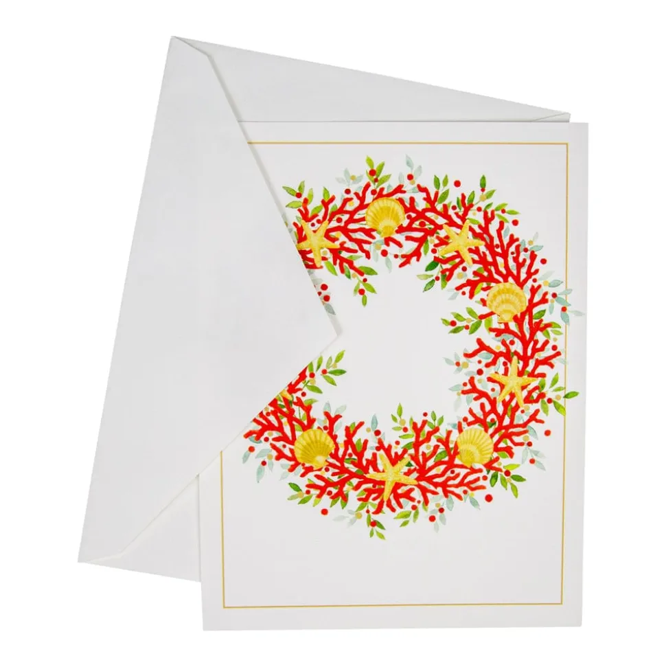 Coral And Shell Wreath Foil Classic Embossed Boxed Christmas Cards - includes 10 cards & envelopes