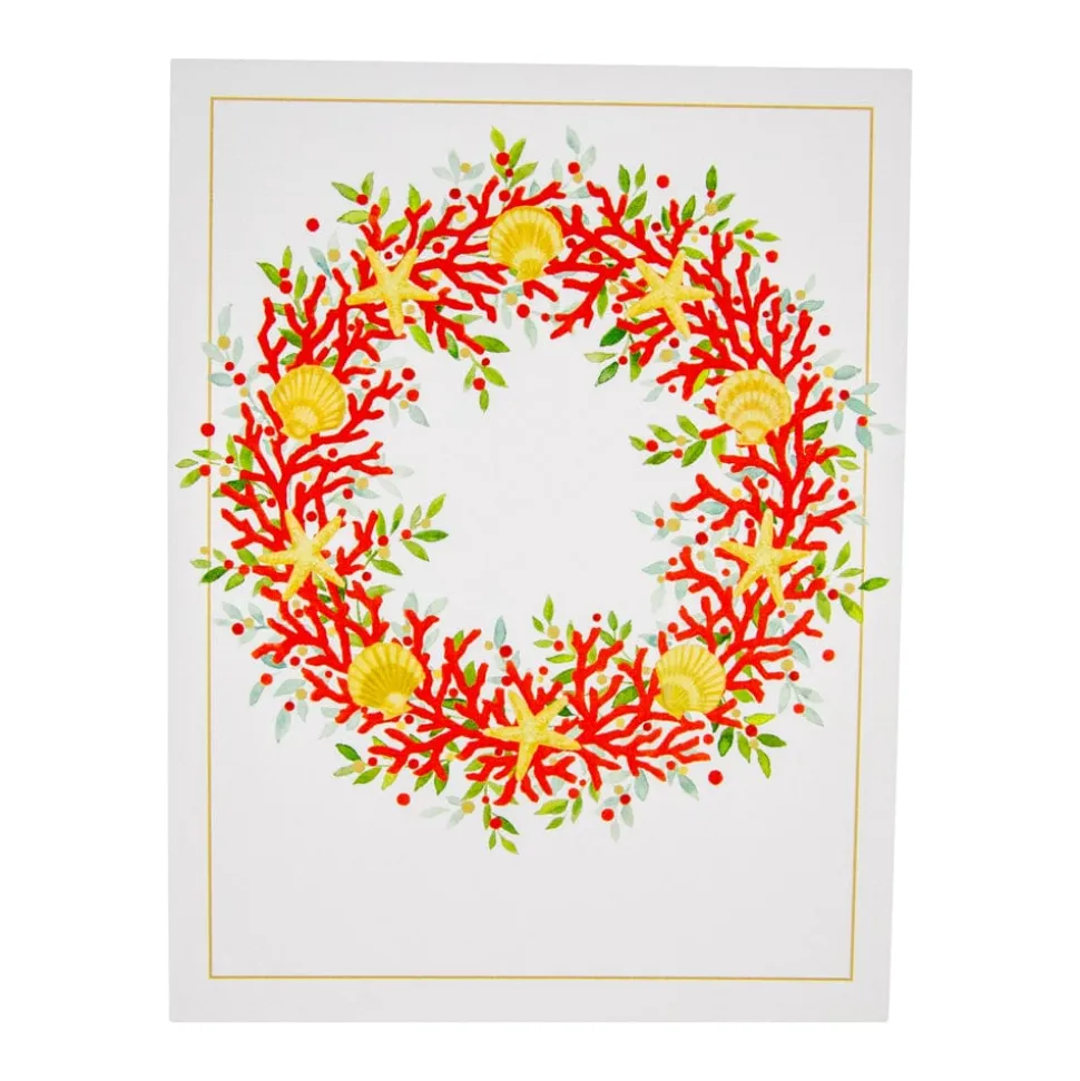 Coral And Shell Wreath Foil Classic Embossed Boxed Christmas Cards - includes 10 cards & envelopes