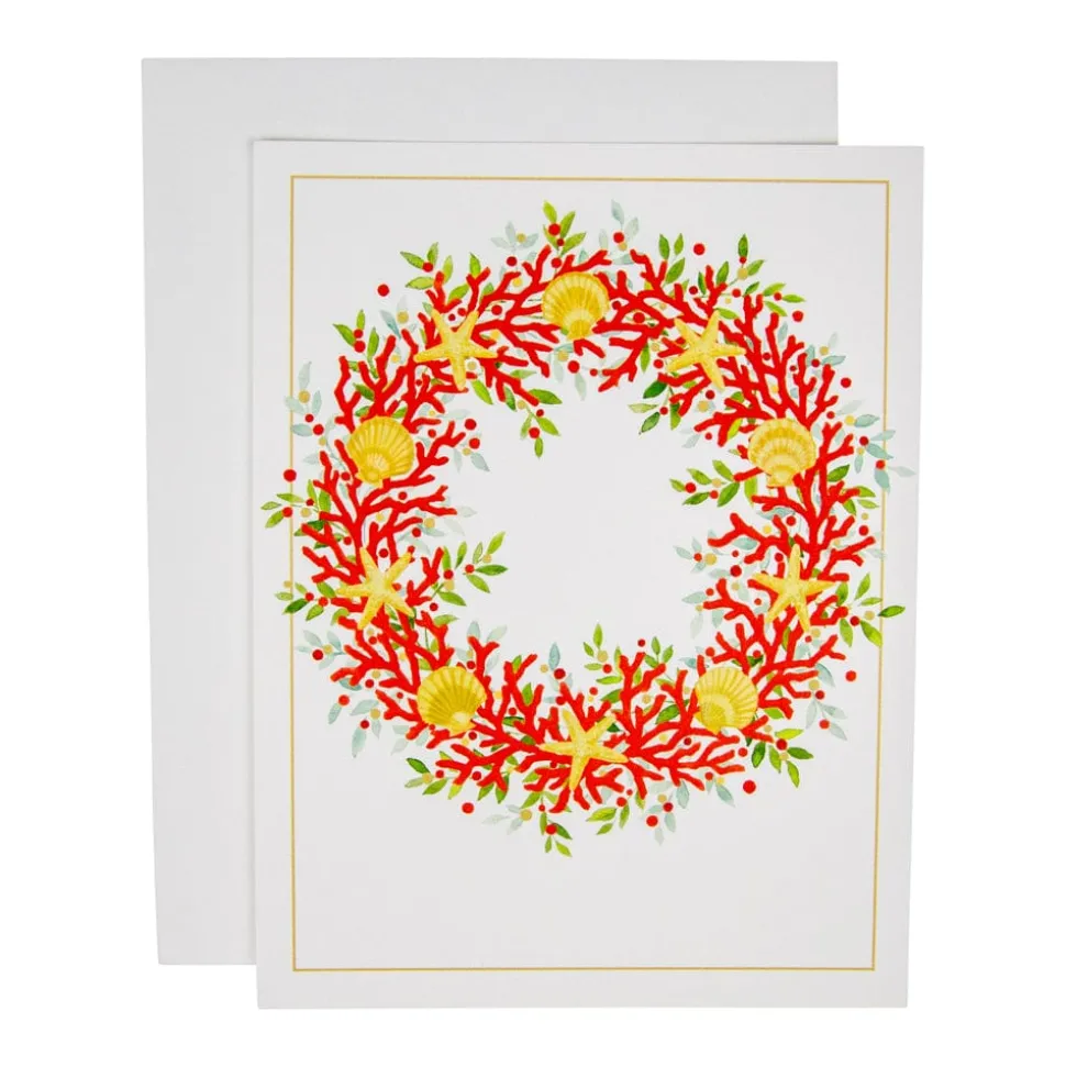 Coral And Shell Wreath Foil Classic Embossed Boxed Christmas Cards - includes 10 cards & envelopes