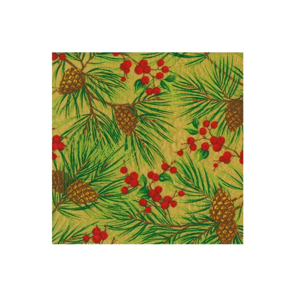 Evergreen And Berries Gold Boxed Cocktail Napkins - includes 12 Boxed Cocktail Napkins