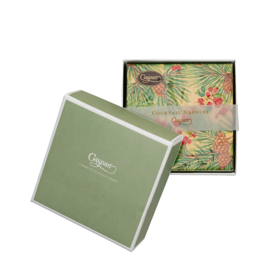 Evergreen And Berries Gold Boxed Cocktail Napkins - includes 12 Boxed Cocktail Napkins