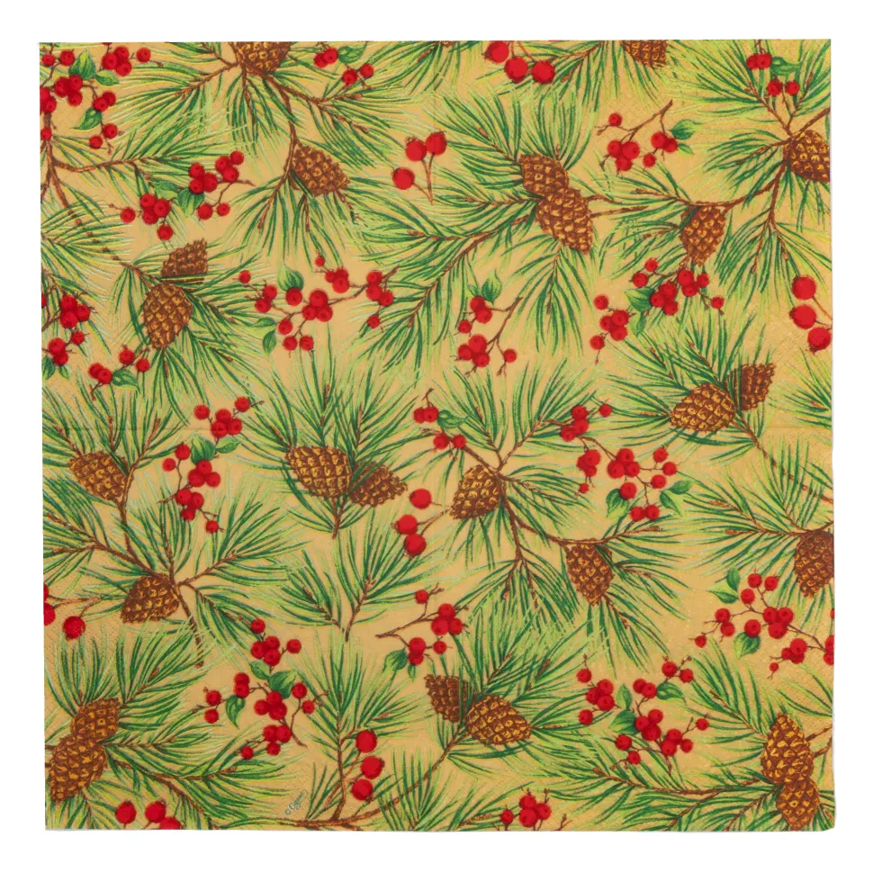 Evergreen And Berries Gold Luncheon Napkins - includes 20 Luncheon Napkins