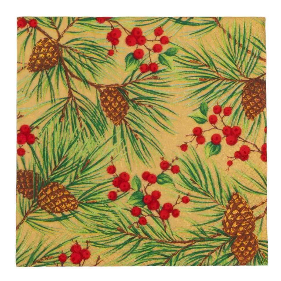 Evergreen And Berries Gold Luncheon Napkins - includes 20 Luncheon Napkins