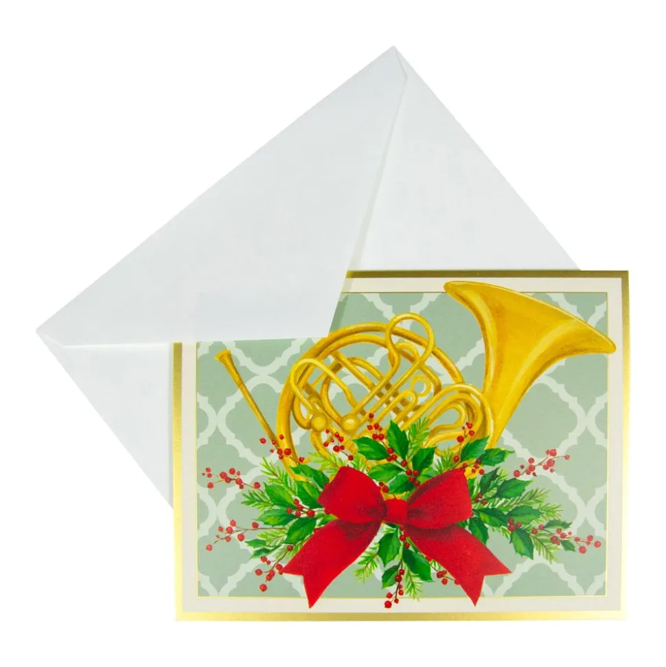 French Horn With Swag Large Boxed Christmas Cards - includes 15 cards & envelopes
