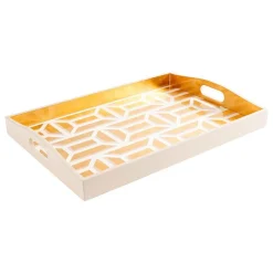 Garden Gate Lacquer Large Rectangle Tray in White & Gold - 1 Each