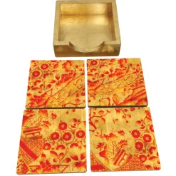 Gilded Porcelain Coral & Gold Coasters - Set Of 4 In Holder