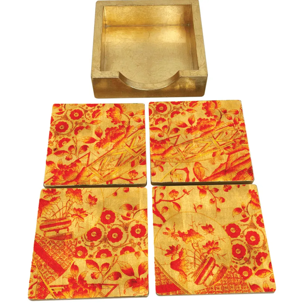 Gilded Porcelain Coral & Gold Coasters - Set Of 4 In Holder