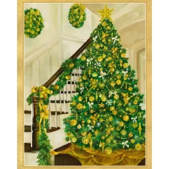 Golden Christmas Tree & Staircase Personalized Christmas Cards