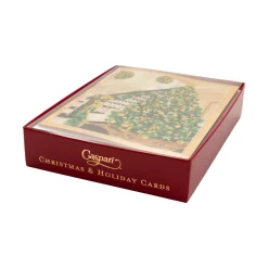 Golden Christmas Tree And Staircase Classic Boxed Christmas Cards - includes 15 cards & envelopes