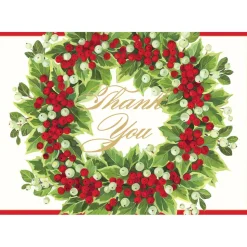 Holly And Berry Wreath Foil Thank You Notes - 8 Note Cards And Envelopes