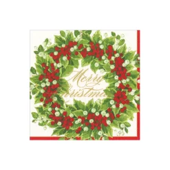 Holly and Berry Wreath Merry Christmas Paper Cocktail Napkins - 20 Per Package