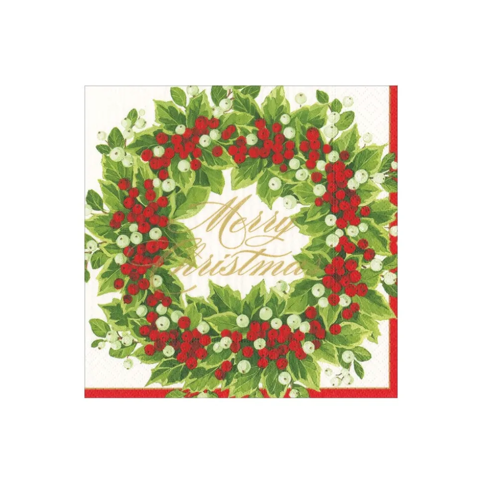 Holly and Berry Wreath Merry Christmas Paper Cocktail Napkins - 20 Per Package