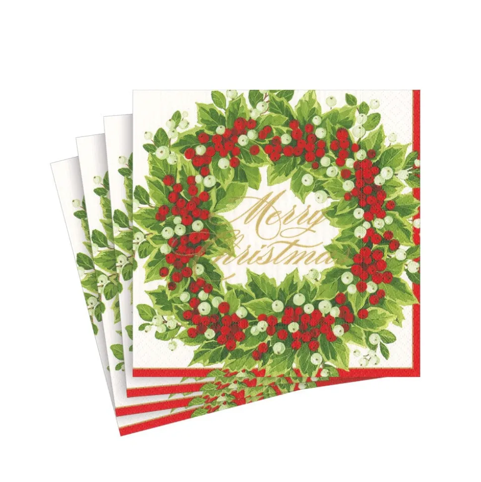 Holly and Berry Wreath Merry Christmas Paper Cocktail Napkins - 20 Per Package