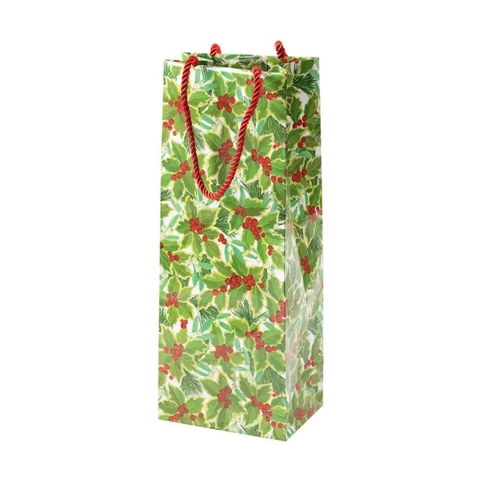 Holly and Mistletoe Wine & Bottle Gift Bag in White - 1 Each