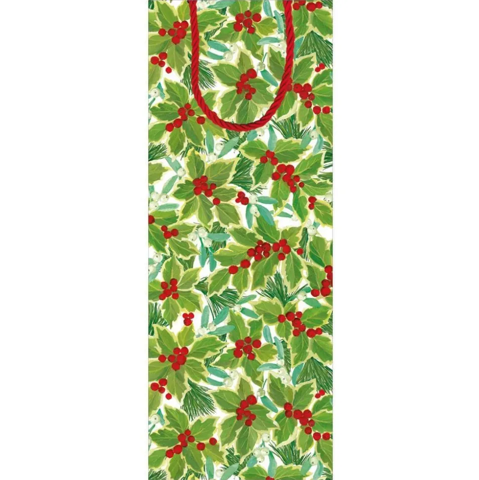 Holly and Mistletoe Wine & Bottle Gift Bag in White - 1 Each