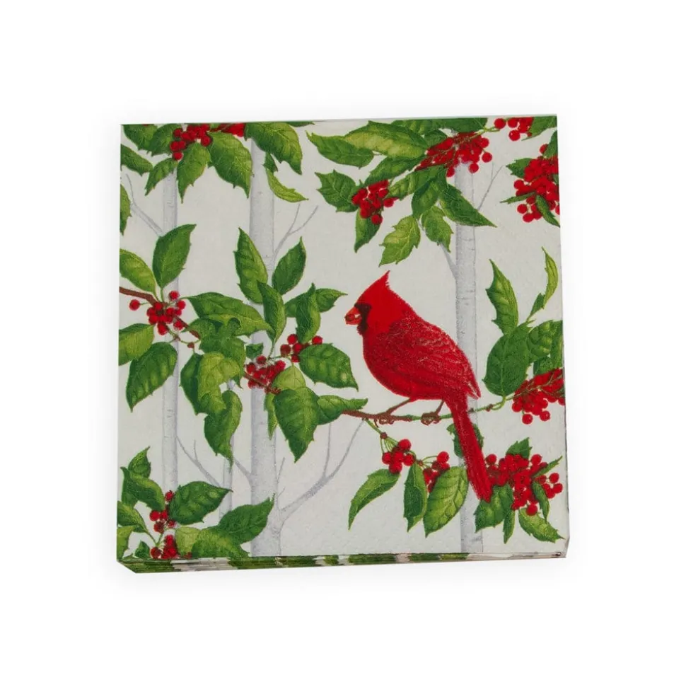 Holly And Songbirds White & Silver Cocktail Napkins - 20 Per Package