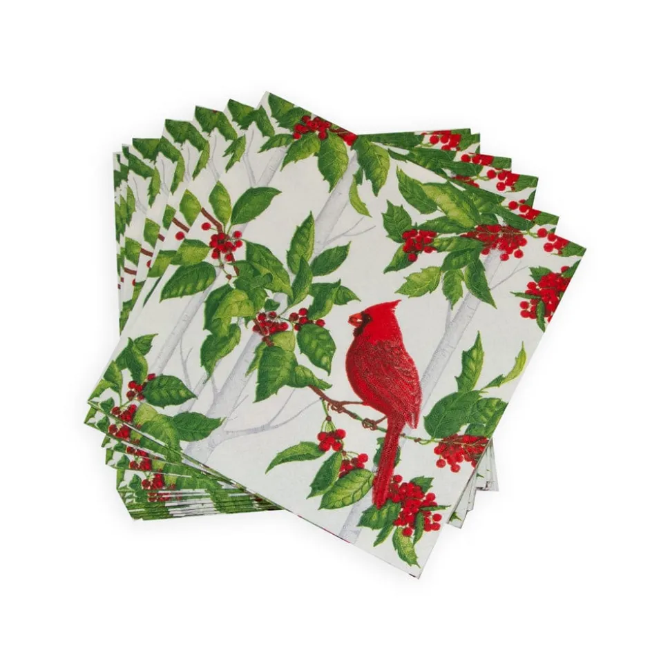 Holly And Songbirds White & Silver Cocktail Napkins - 20 Per Package