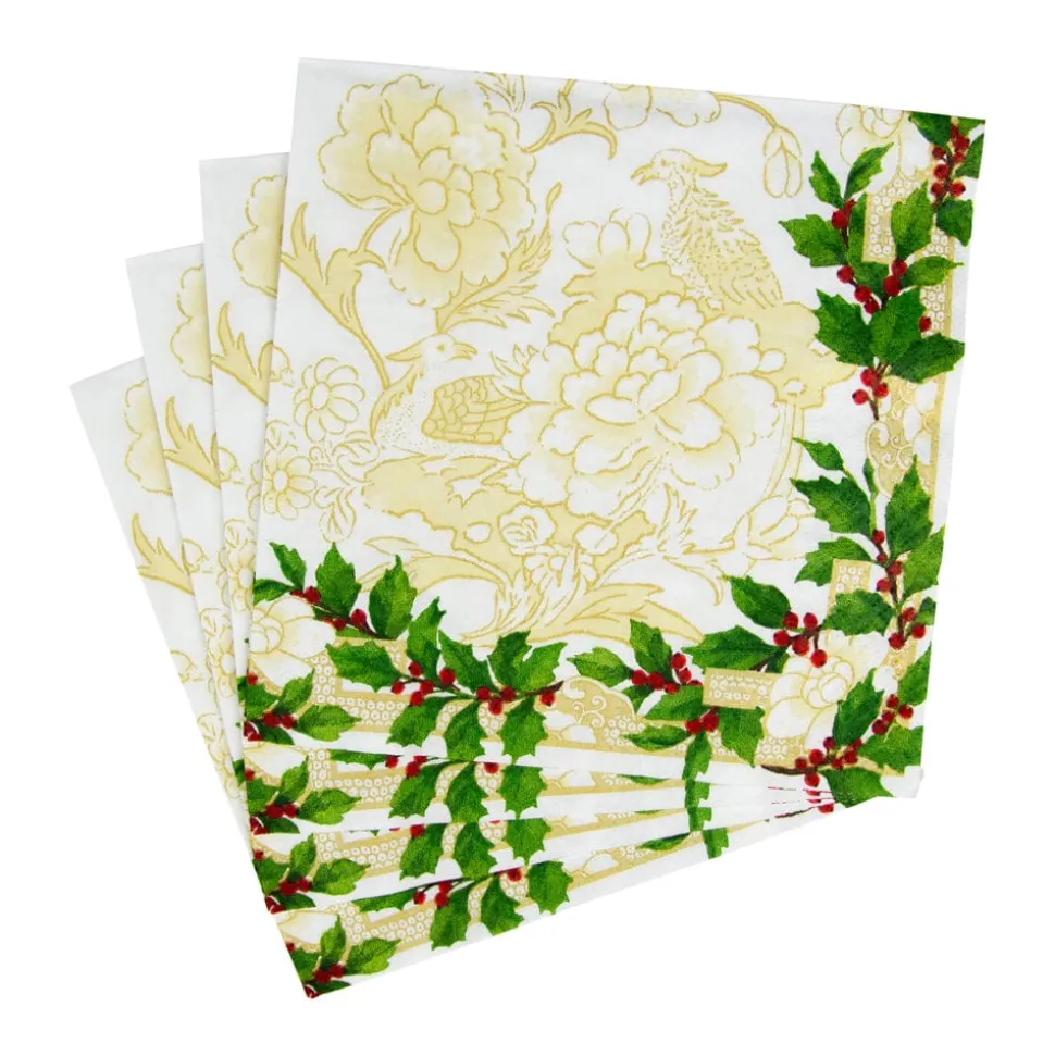 Holly Ceramic Ivory & Gold Luncheon Napkins - 20 Per Package