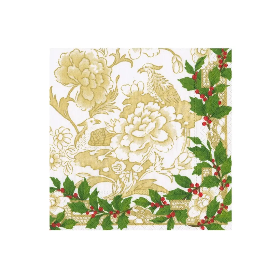 Holly Ceramic Ivory & Green Boxed Cocktail Napkins - 40 Per Box