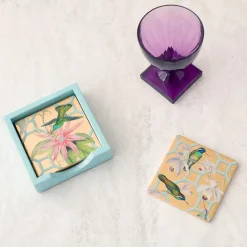 Hummingbird Trellis Square Lacquer Coasters in Holder - Set of 4