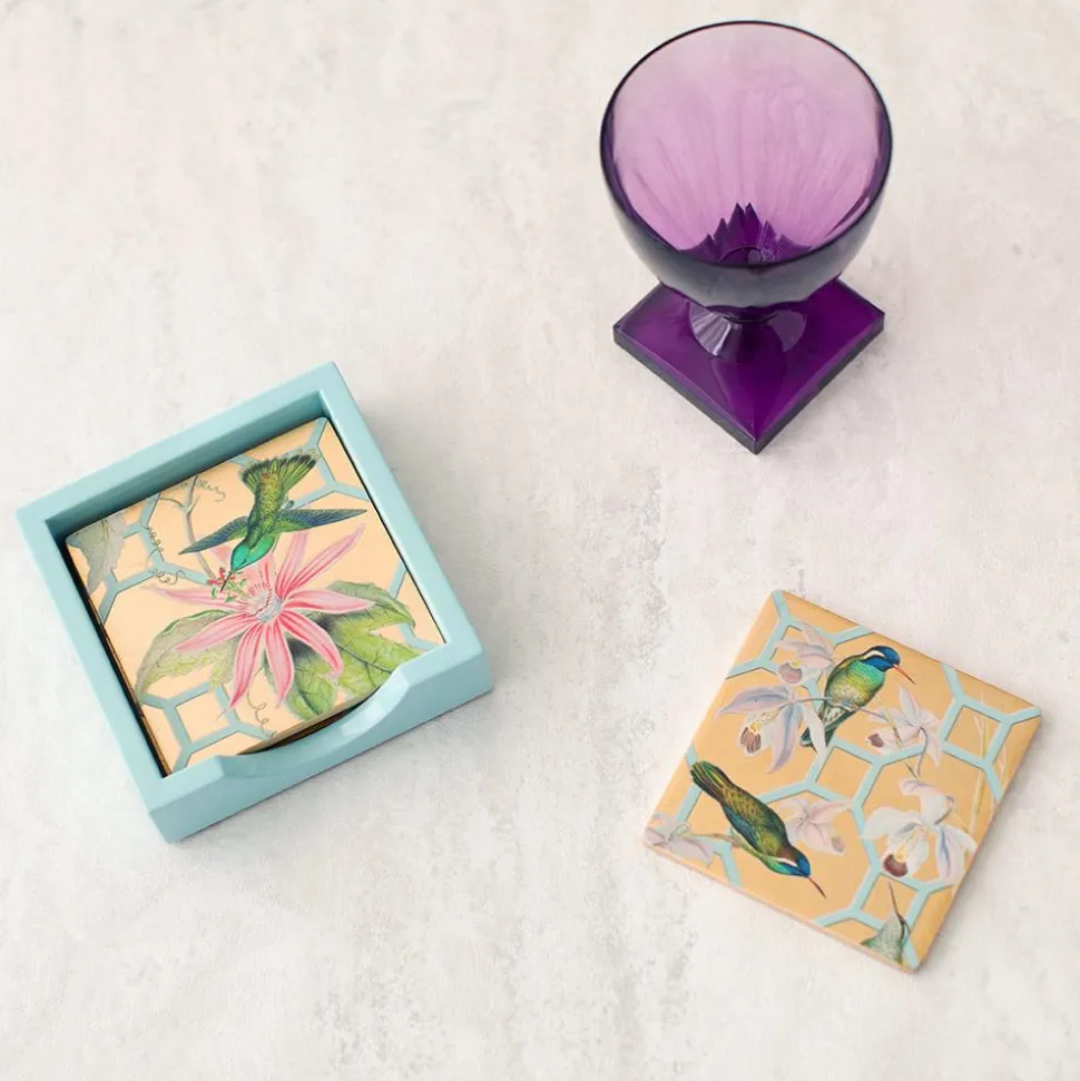 Hummingbird Trellis Square Lacquer Coasters in Holder - Set of 4