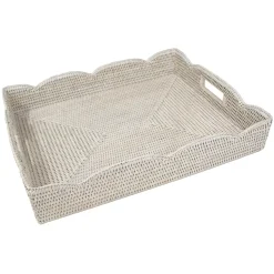 Large Scalloped Rattan Tray in Cream- 19.5