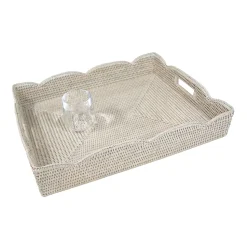 Large Scalloped Rattan Tray in Cream- 19.5