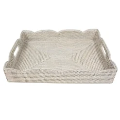 Large Scalloped Rattan Tray in Cream- 19.5