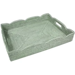 Large Scalloped Rattan Tray in Green - 19.5"L x 15.75"W x 4"H