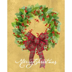 Leaf Wreath with Plaid Bow Personalized Christmas Cards