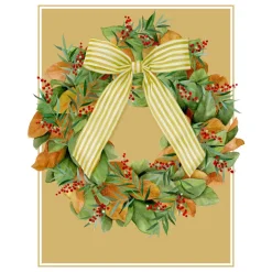 Magnolia Wreath With Striped Bow Large Boxed Christmas Cards - includes 15 Boxed Christmas Cards & Envelopes