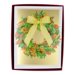 Magnolia Wreath With Striped Bow Large Boxed Christmas Cards - includes 15 Boxed Christmas Cards & Envelopes