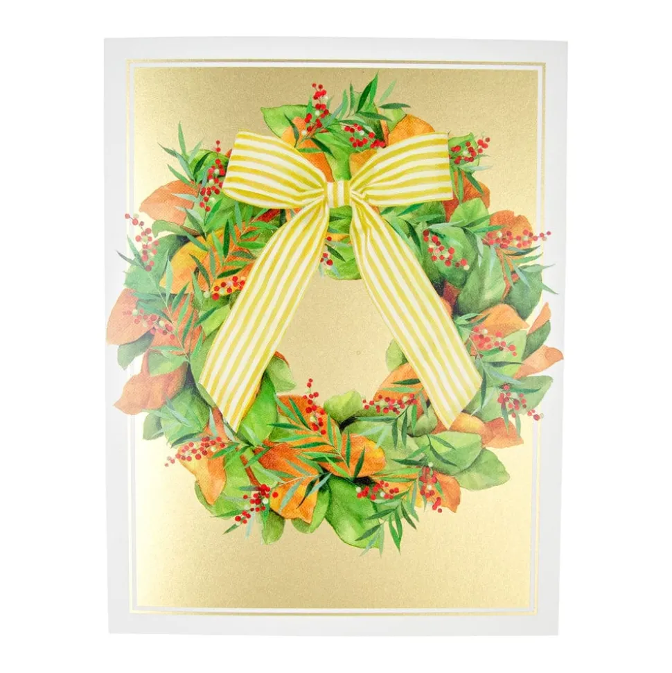 Magnolia Wreath With Striped Bow Large Boxed Christmas Cards - includes 15 Boxed Christmas Cards & Envelopes