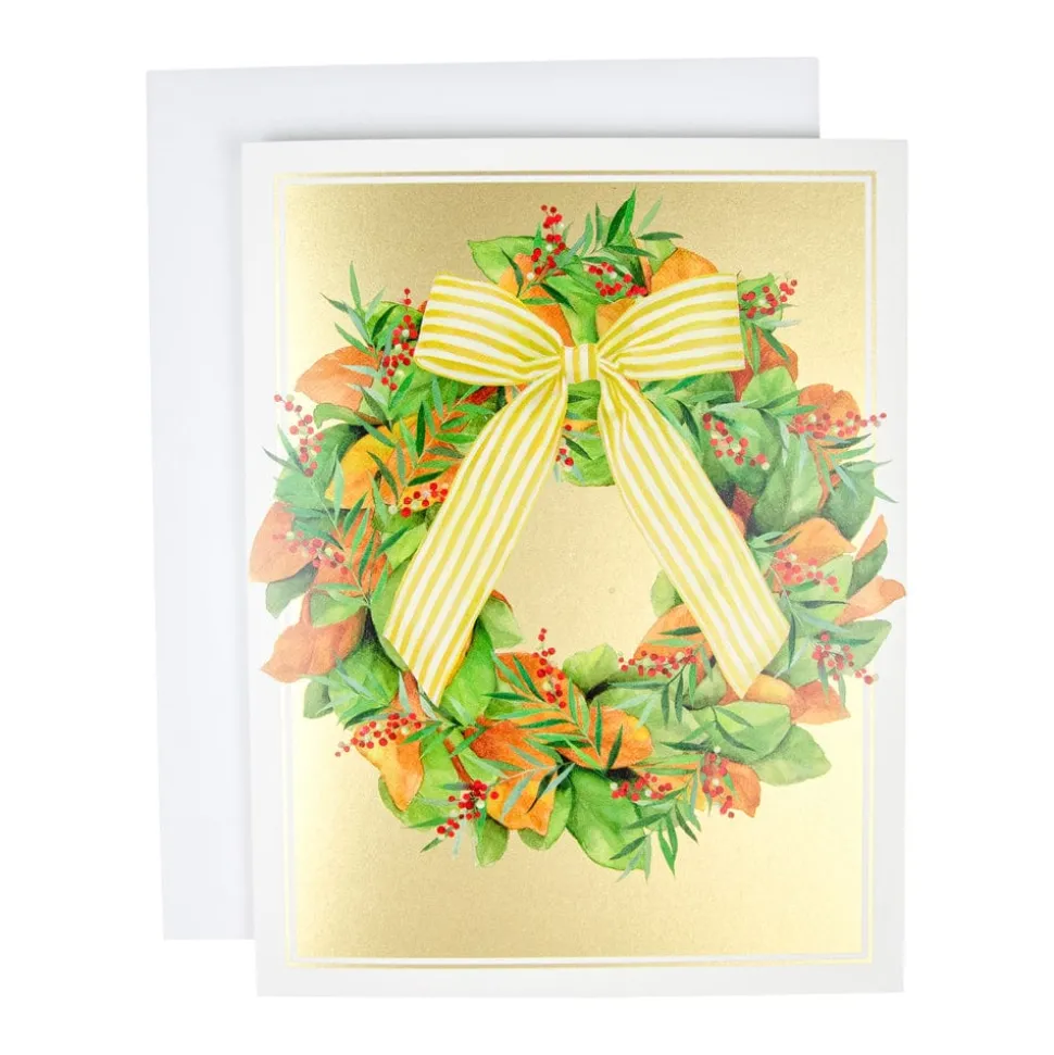 Magnolia Wreath With Striped Bow Large Boxed Christmas Cards - includes 15 Boxed Christmas Cards & Envelopes