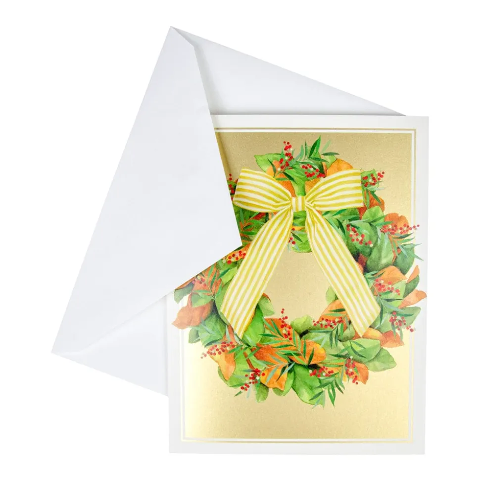 Magnolia Wreath With Striped Bow Large Boxed Christmas Cards - includes 15 Boxed Christmas Cards & Envelopes
