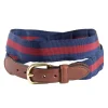 Navy & Burgundy Stripe Grosgrain Belt with Brown Leather