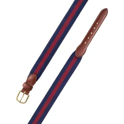 Navy & Burgundy Stripe Grosgrain Belt with Brown Leather
