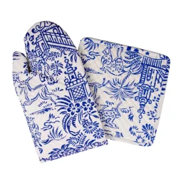 Pagoda Toile Blue & White Oven Mitts And Pot Holders Set - 1 Piece Of Each