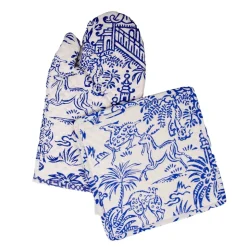 Pagoda Toile Blue & White Oven Mitts And Pot Holders Set - 1 Piece Of Each
